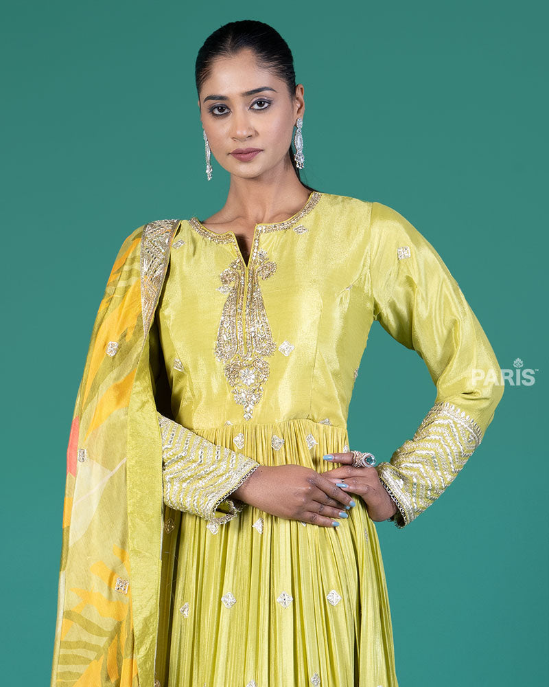 Lime Green Embellished Gown with Tropical Dupatta