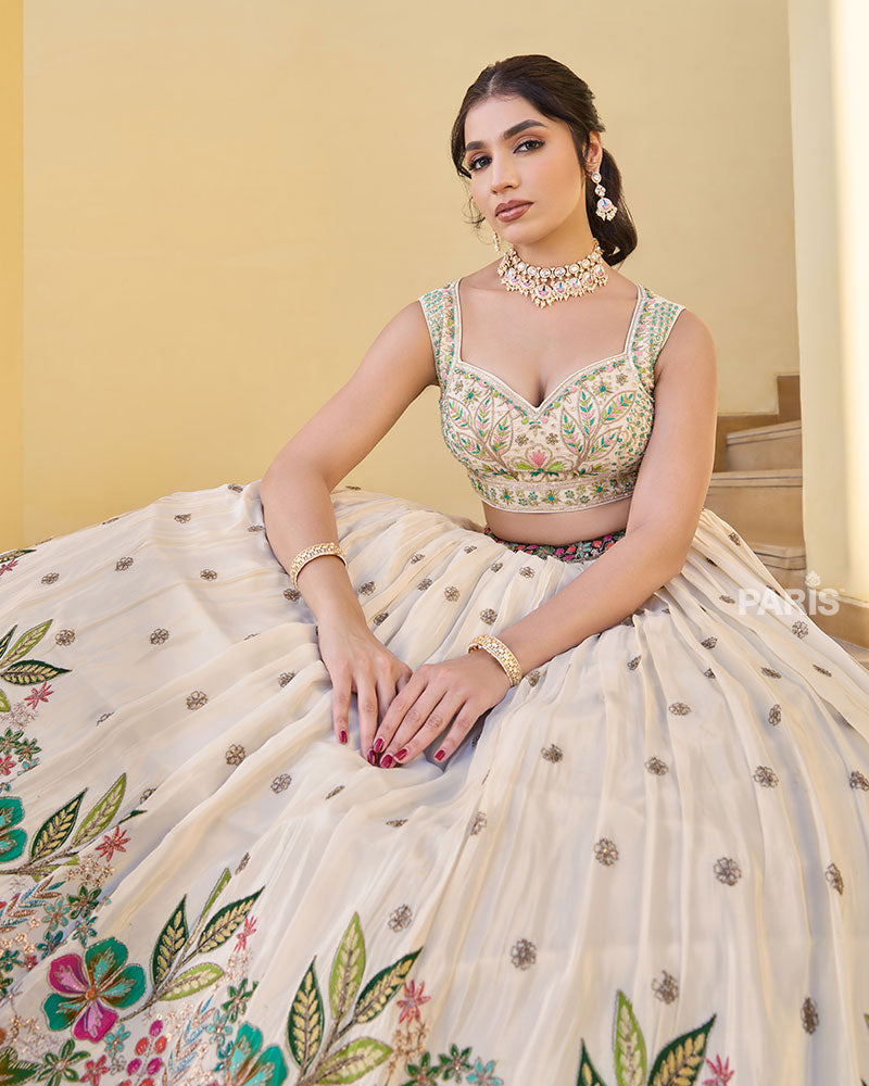 Cream Floral Embroidered Lehenga Choli with Matching Dupatta