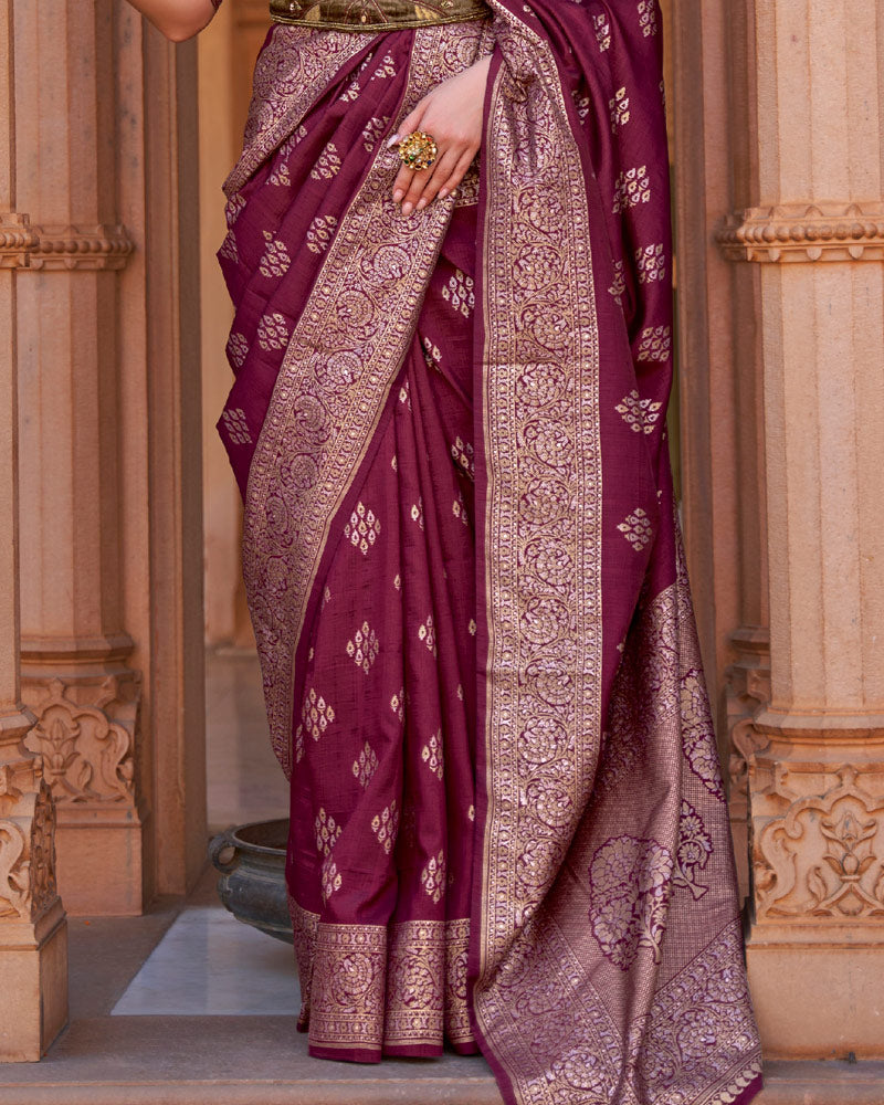 Wine Foil Printed Silk Saree With Floral Printed Border
