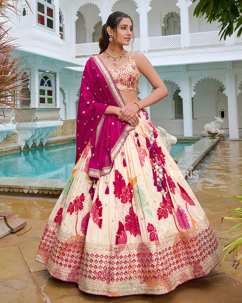 Cream Floral Print Lehenga Choli with Delicate Pink Dupatta