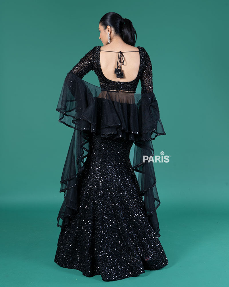 Black Sequin Fishcut Lehenga Choli with Criss-Cross Choli and Ruffled Dupatta