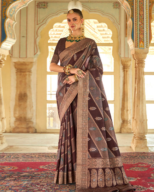 Wine Floral Printed Saree With Unstitched Blouse