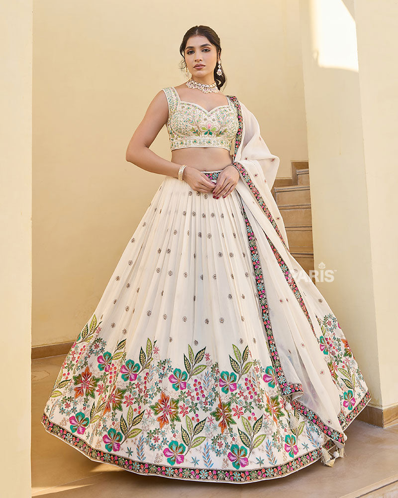 Cream Floral Embroidered Lehenga Choli with Matching Dupatta