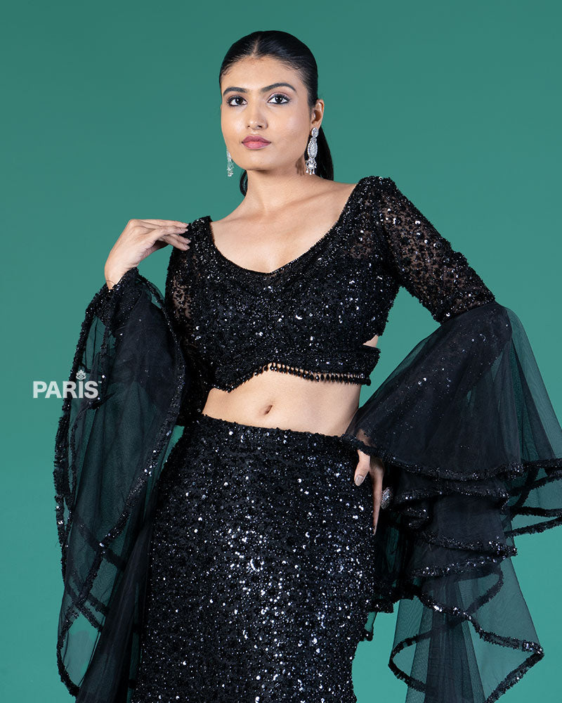 Black Sequin Fishcut Lehenga Choli with Criss-Cross Choli and Ruffled Dupatta
