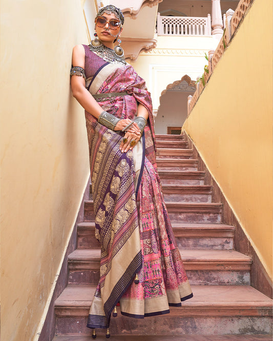 Baby Pink Heavy Printed Cotton Silk Saree with Unstitched Blouse Piece