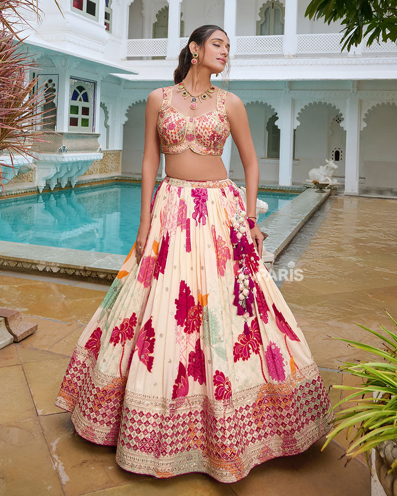 Cream Floral Print Lehenga Choli with Delicate Pink Dupatta