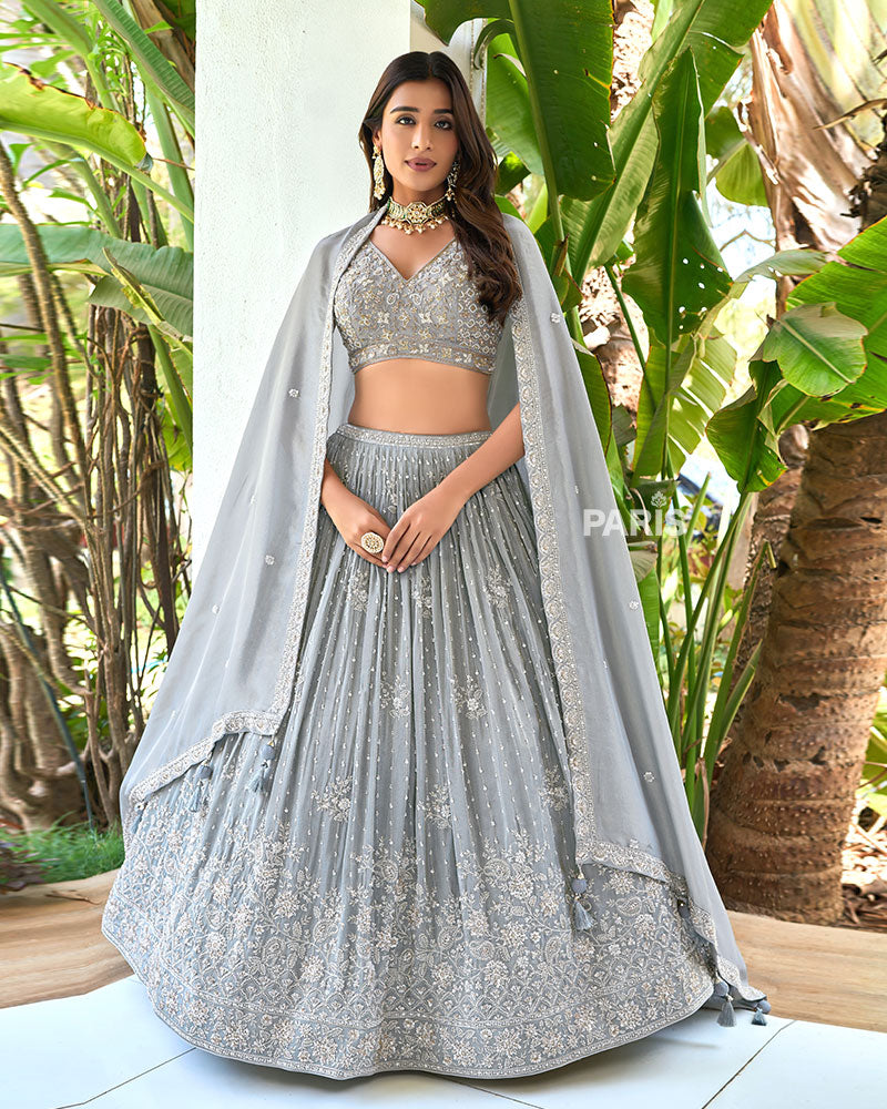 Light Grey Embroidery Embellished Lehenga Choli with Dupatta