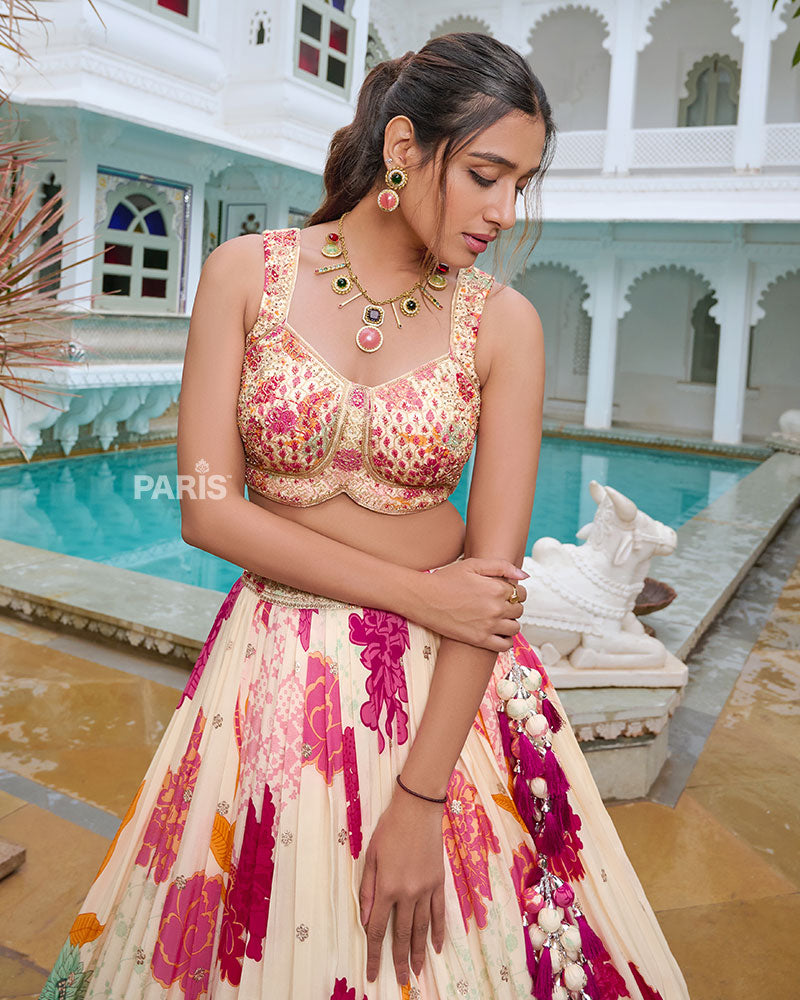 Cream Floral Print Lehenga Choli with Delicate Pink Dupatta