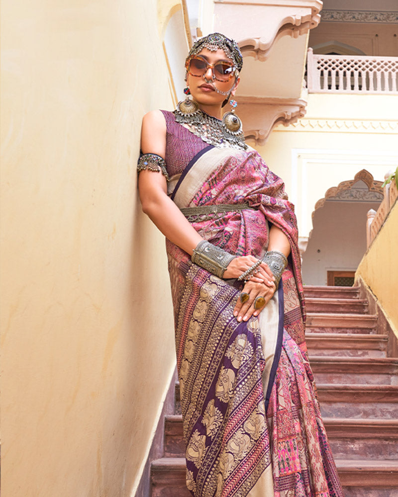 Baby Pink Heavy Printed Cotton Silk Saree with Unstitched Blouse Piece