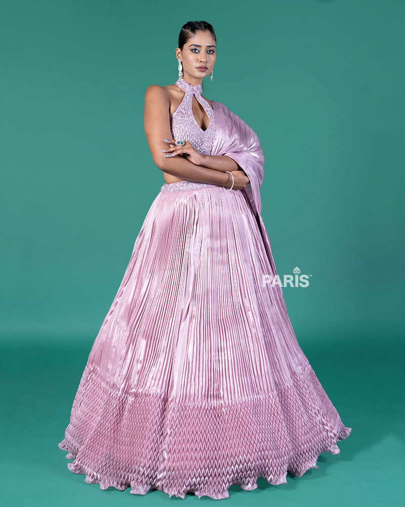 Lavender Pleated Lehenga Embellished Choli and Draped Dupatta