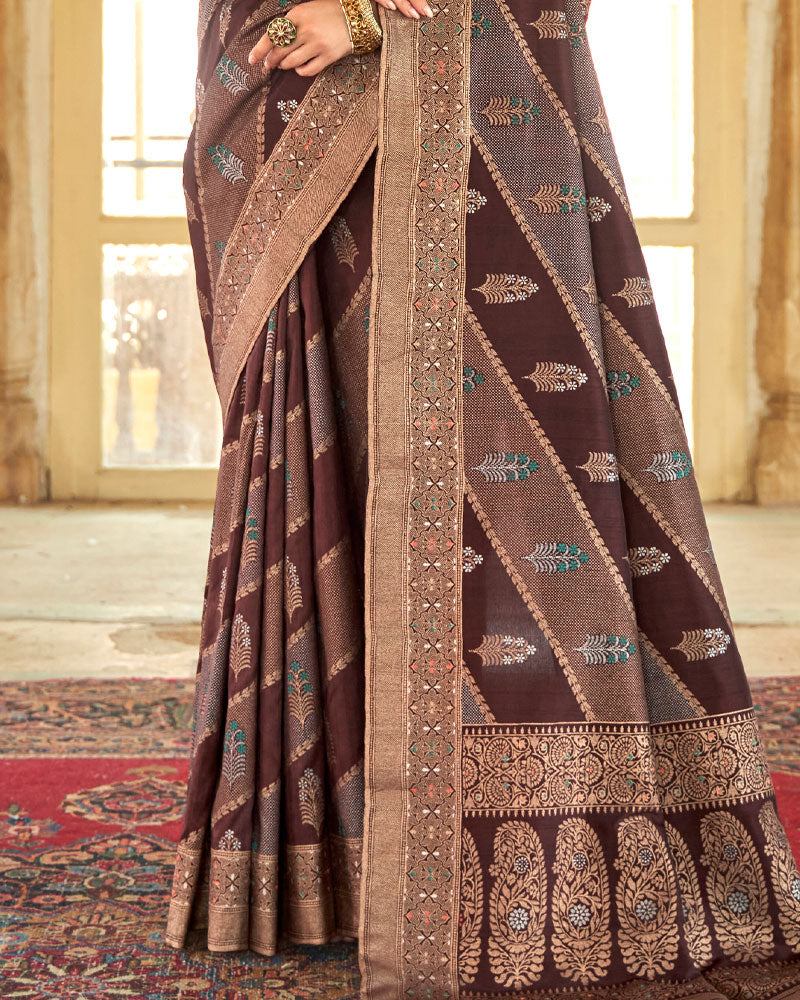 Wine Floral Printed Saree With Unstitched Blouse