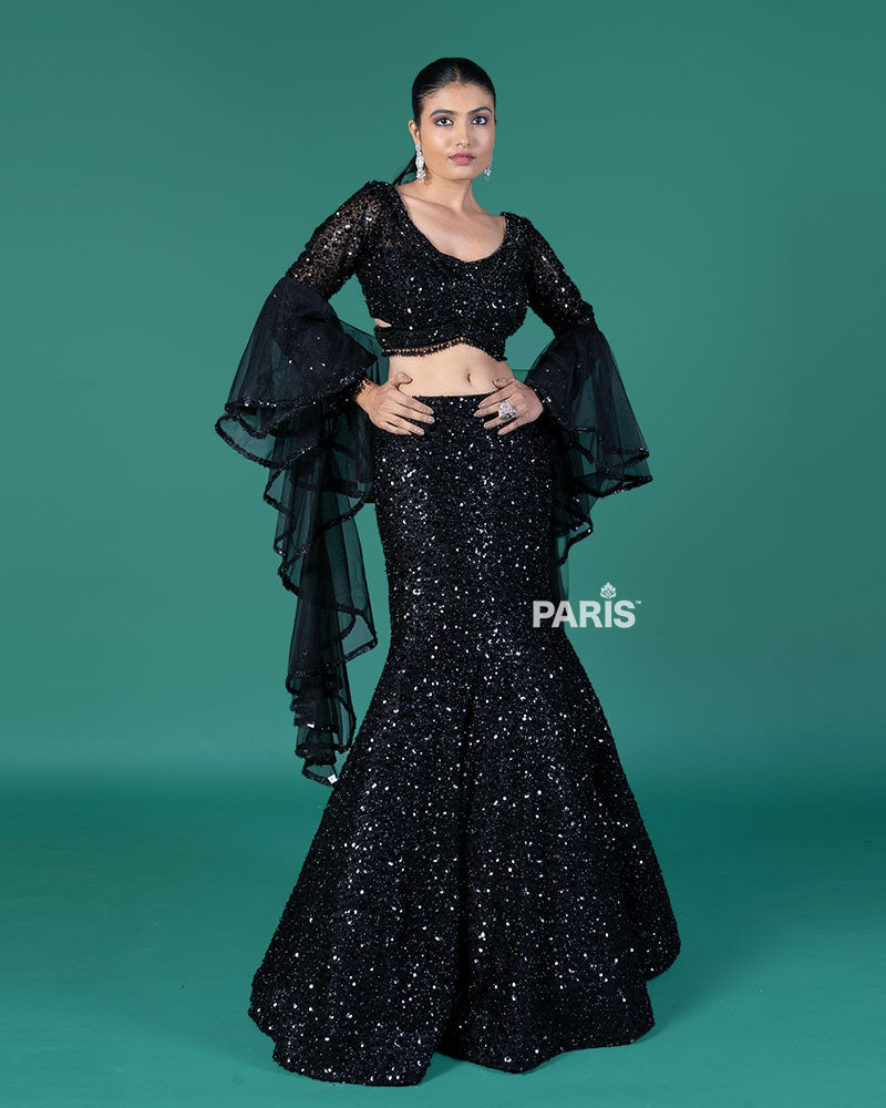 Black Sequin Fishcut Lehenga Choli with Criss-Cross Choli and Ruffled Dupatta