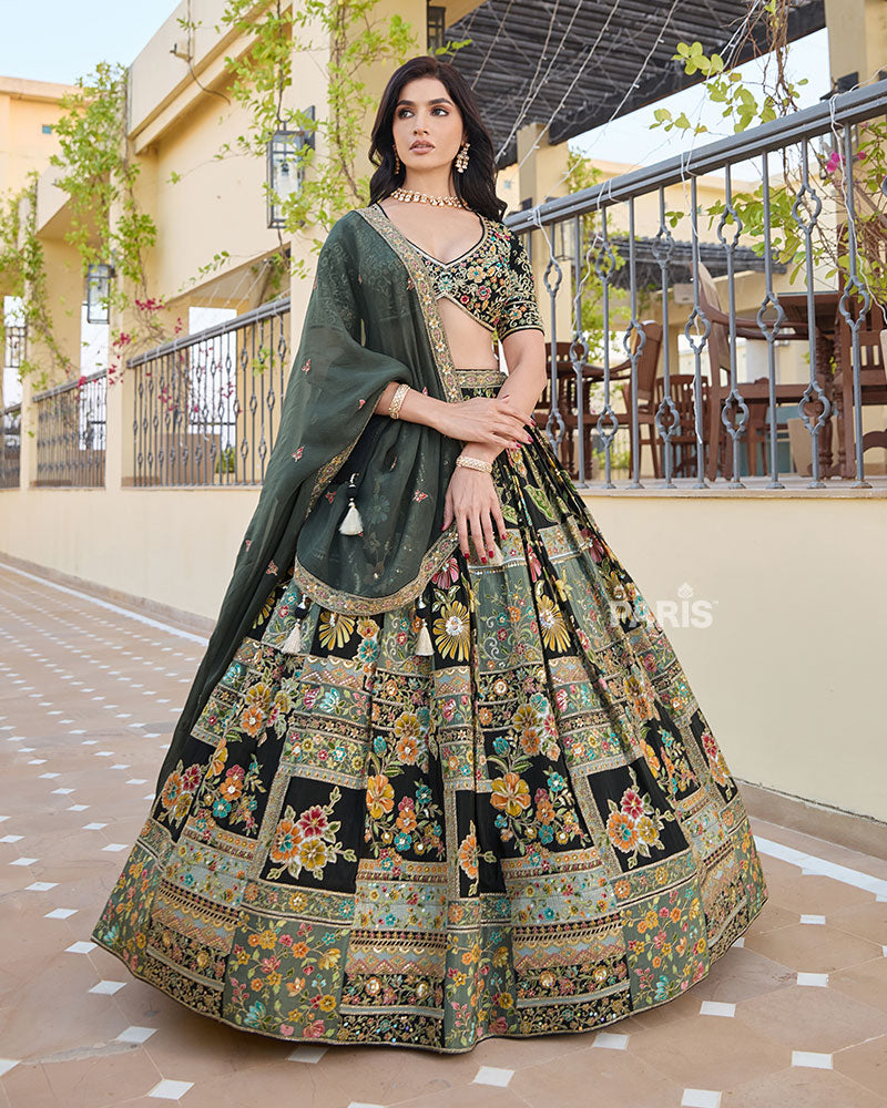 Black Colorful Floral Embroidered Lehenga Choli with Matching Dupatta