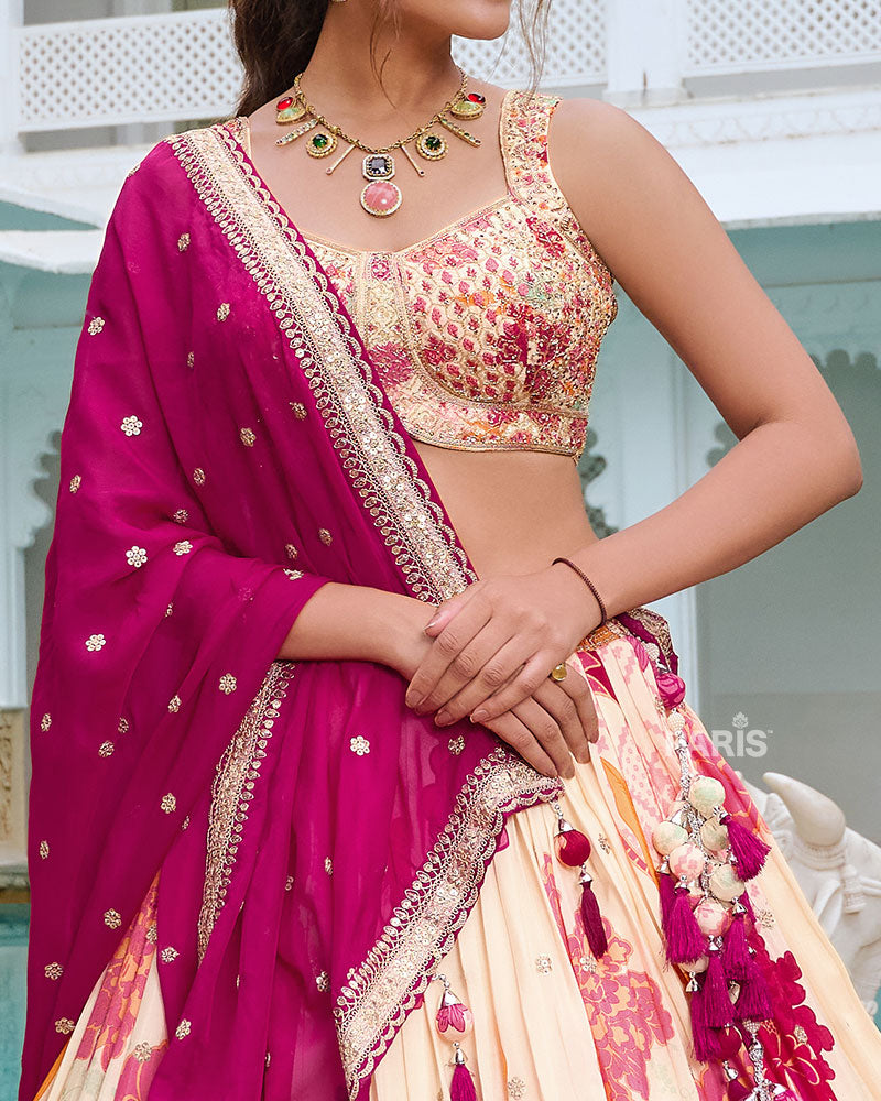 Cream Floral Print Lehenga Choli with Delicate Pink Dupatta
