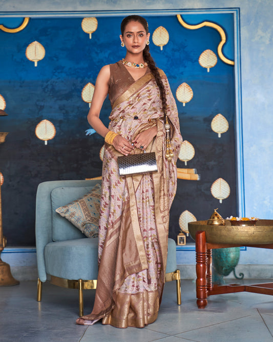 Bare Beige Foil Printed Silk Saree With Contrast Brown Border