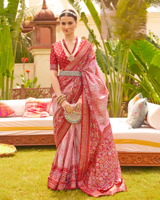 Baby Pink Silk Saree With Printed Red Patola Border and Unstitched Blouse