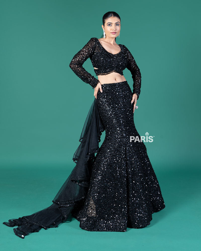 Black Sequin Fishcut Lehenga Choli with Criss-Cross Choli and Ruffled Dupatta