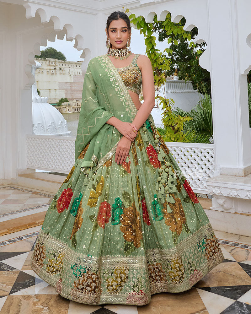 Green Floral Print Lehenga Choli with Embellished Detailing and Dupatta