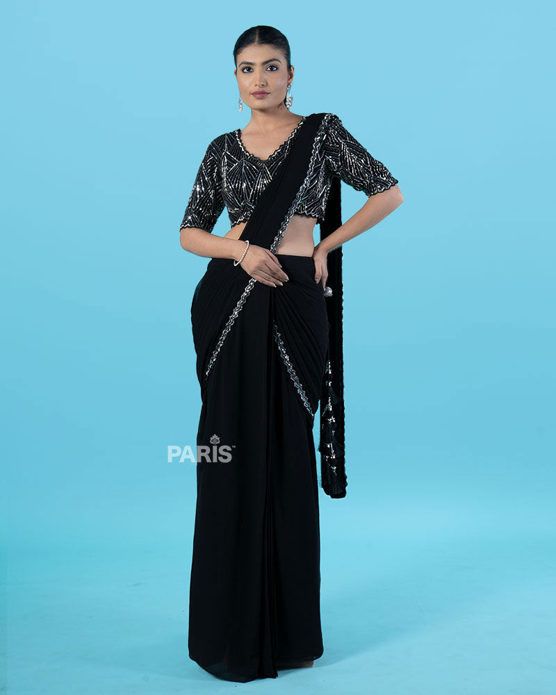 Black Ready-to-Wear Saree with Silver Beaded Blouse and Tassel Border