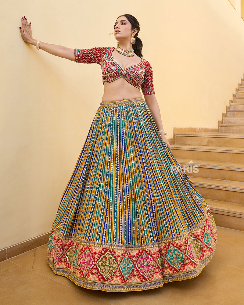 Multicolored Striped Lehenga with Embroidered Choli with Red Dupatta
