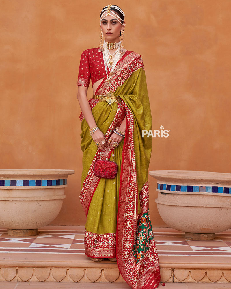 Lime Green Zari Weaving Red Border Saree in Patola Silk with Unstitched Blouse