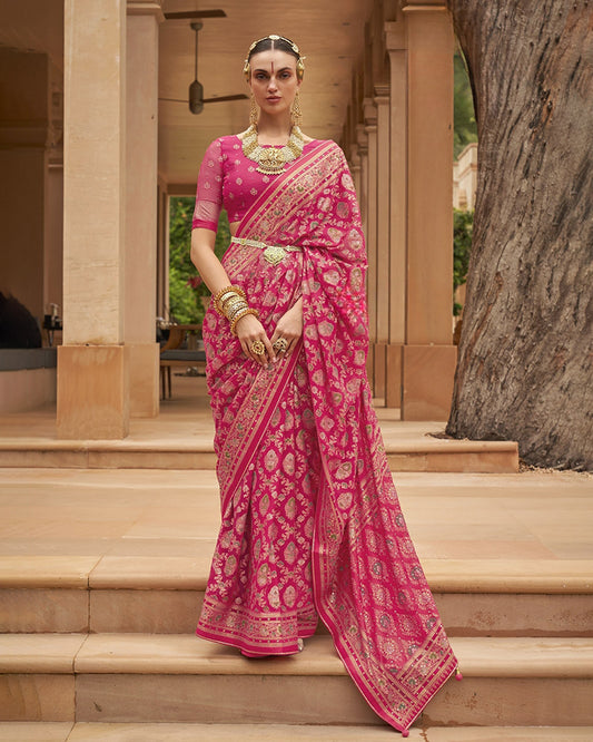 Authentic Pink Silk Georgette Saree with Unstitched Blouse