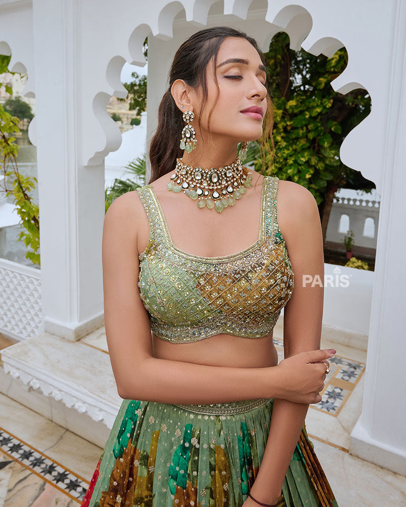 Green Floral Print Lehenga Choli with Embellished Detailing and Dupatta