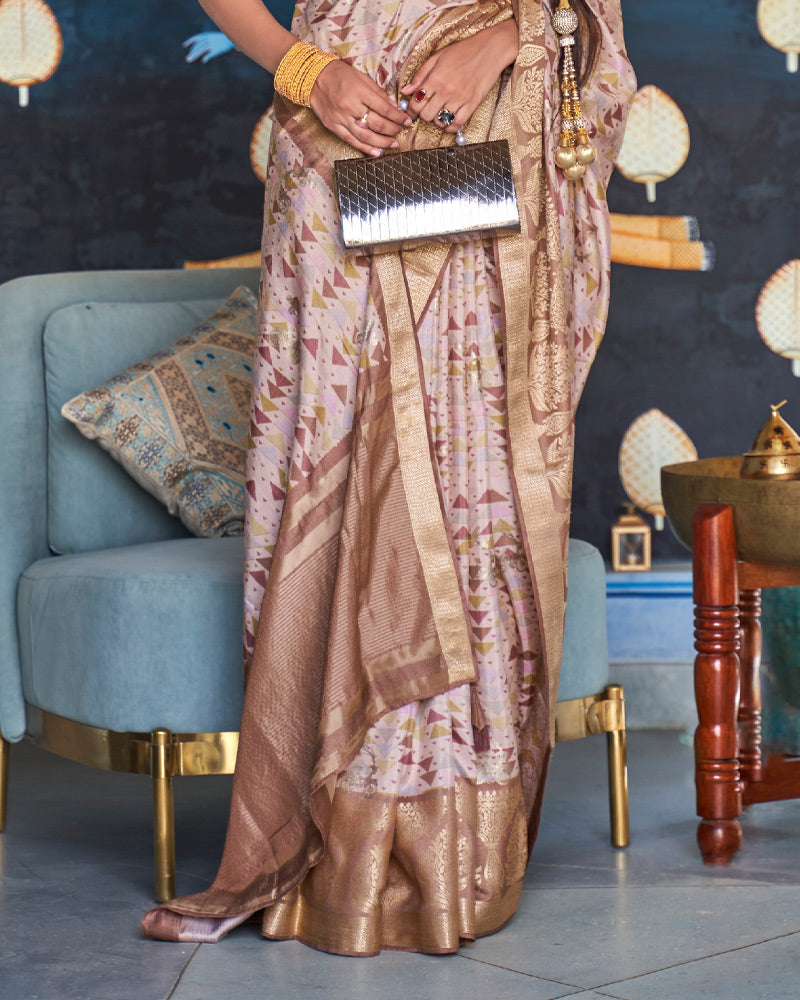 Bare Beige Foil Printed Silk Saree With Contrast Brown Border