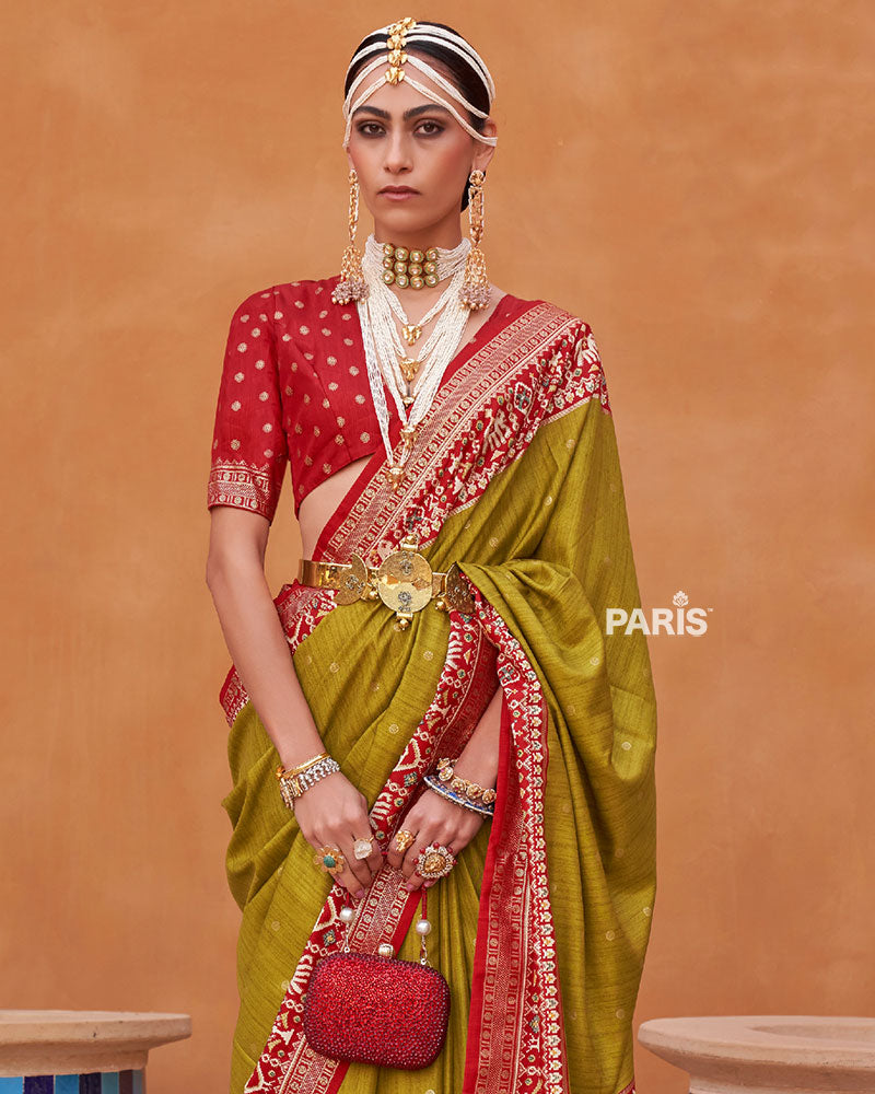 Lime Green Zari Weaving Red Border Saree in Patola Silk with Unstitched Blouse