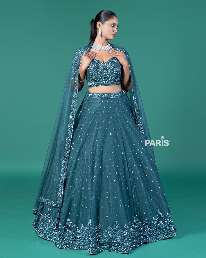 Teal Embellished Lehenga Choli with Dupatta