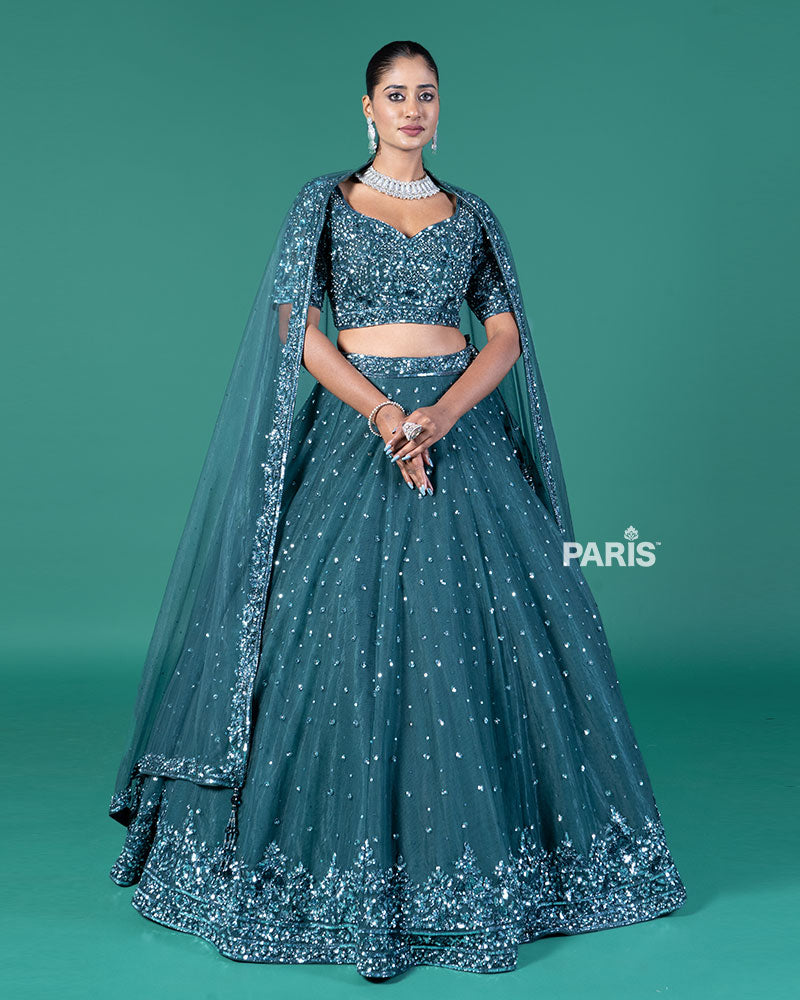 Teal Embellished Lehenga Choli with Dupatta