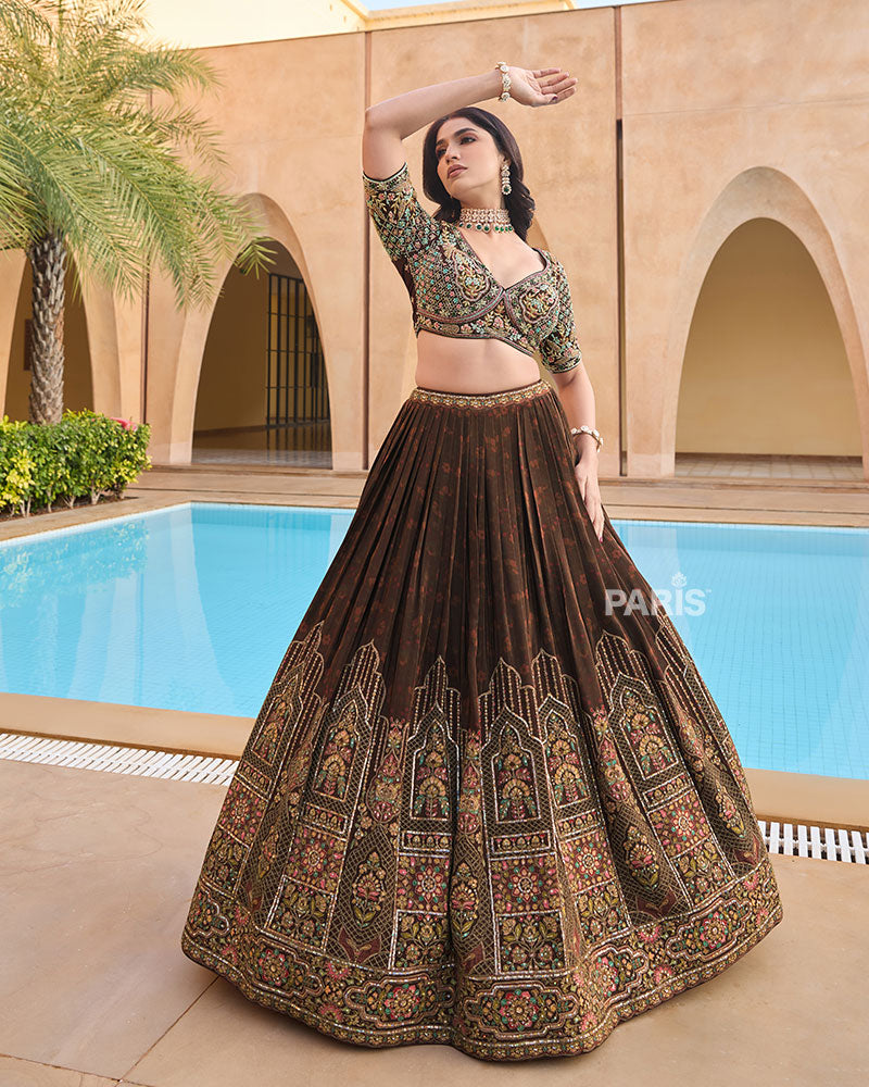 Brown Pleated Lehenga Choli with Intricate Embroidery and Matching Dupatta