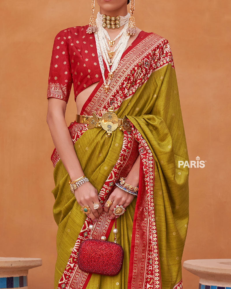 Lime Green Zari Weaving Red Border Saree in Patola Silk with Unstitched Blouse