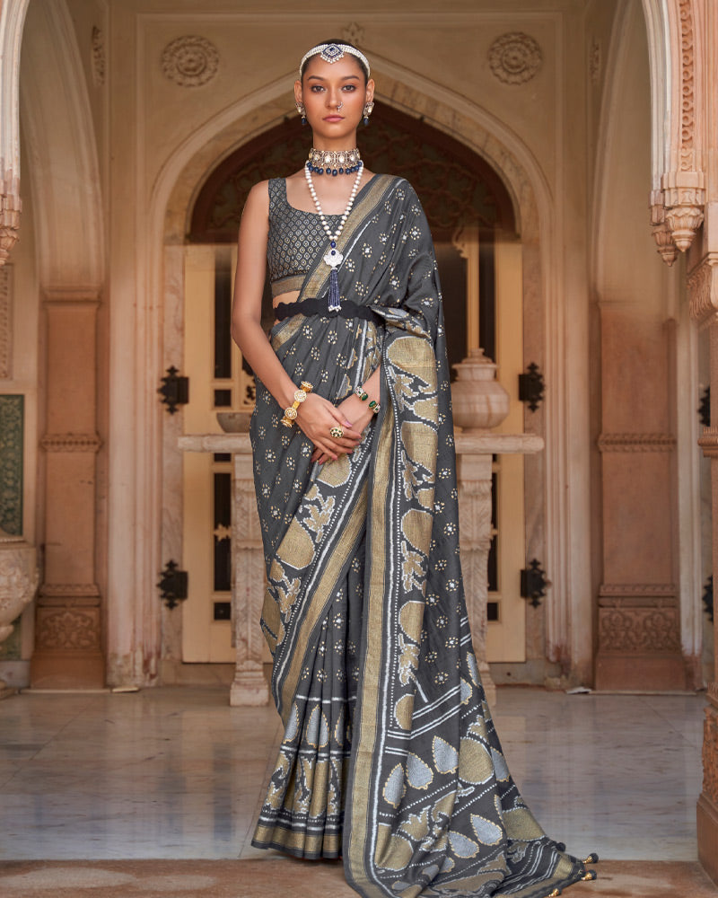 Charcoal Grey Foil Printed Zari Woven Silk Saree With Unstitched Blouse