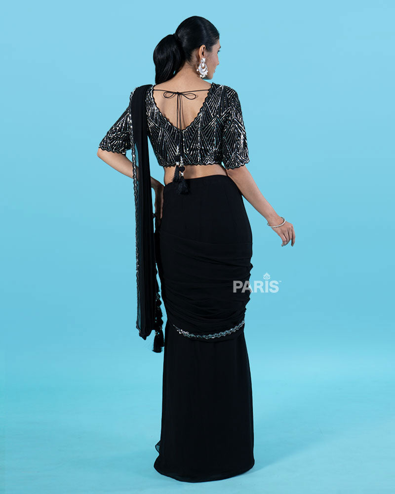 Black Ready-to-Wear Saree with Silver Beaded Blouse and Tassel Border