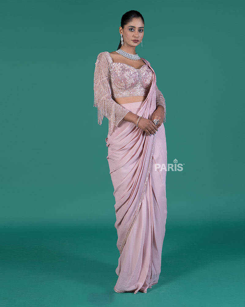 Pastel Pink Ready to Wear Saree with Sequined Blouse and Beaded Fringe