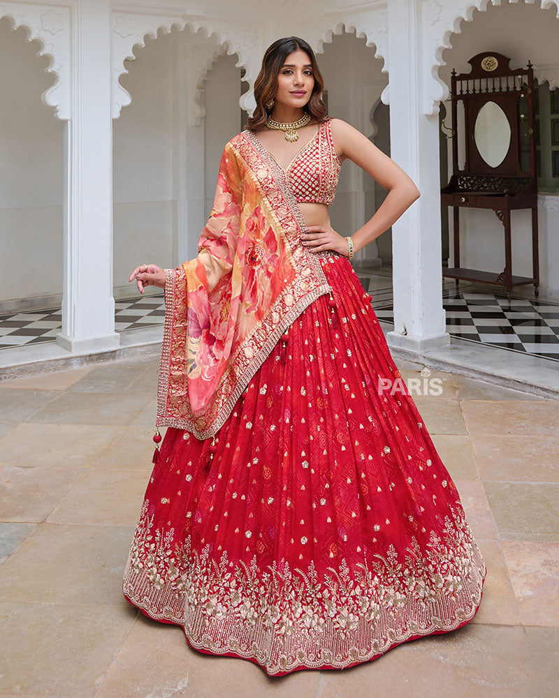 Red Embellished Lehenga Choli with Vibrant Multi color Dupatta