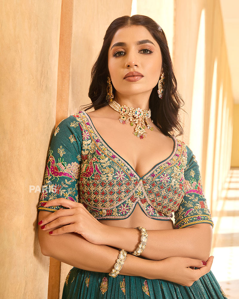 Teal Golden and Pink Embroidery Embellished Lehenga Choli with Matching Dupatta