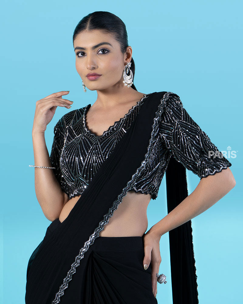 Black Ready-to-Wear Saree with Silver Beaded Blouse and Tassel Border