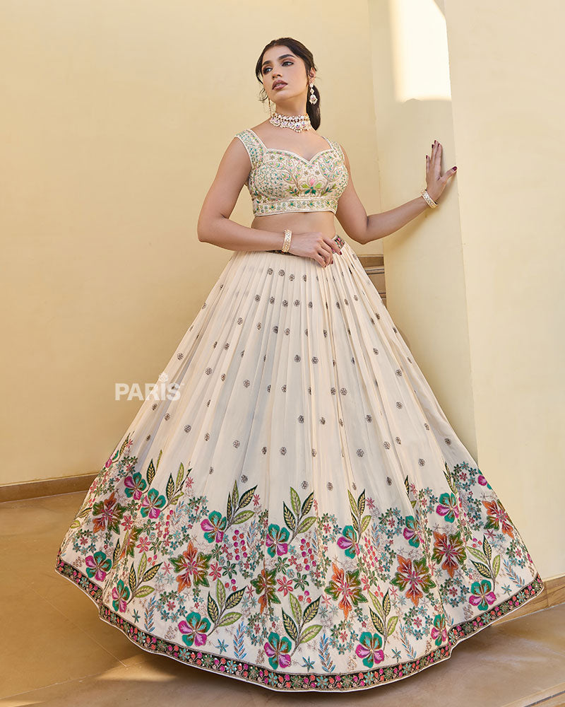 Cream Floral Embroidered Lehenga Choli with Matching Dupatta