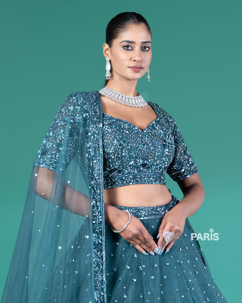 Teal Embellished Lehenga Choli with Dupatta