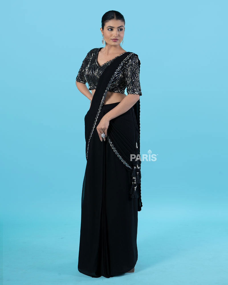 Black Ready-to-Wear Saree with Silver Beaded Blouse and Tassel Border