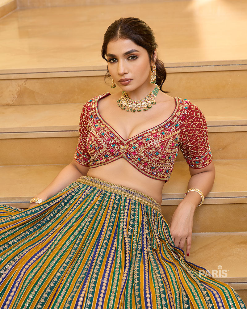 Multicolored Striped Lehenga with Embroidered Choli with Red Dupatta