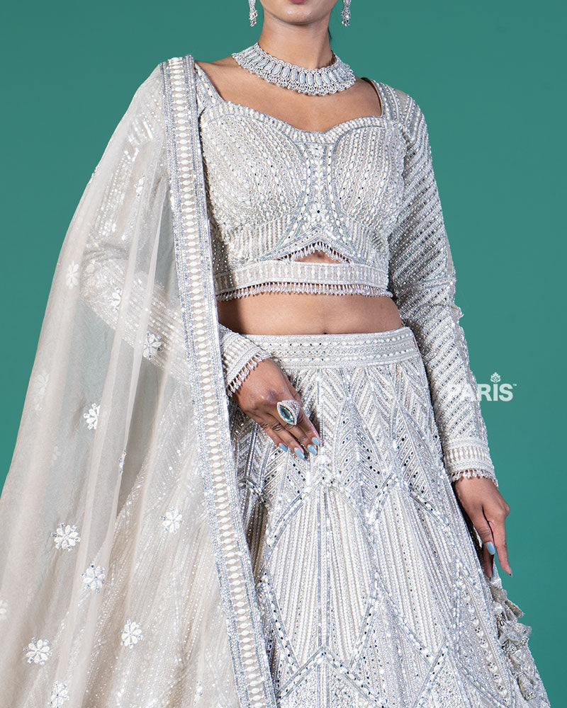 Beige Silver Embellished Lehenga Choli with Embroidered Dupatta