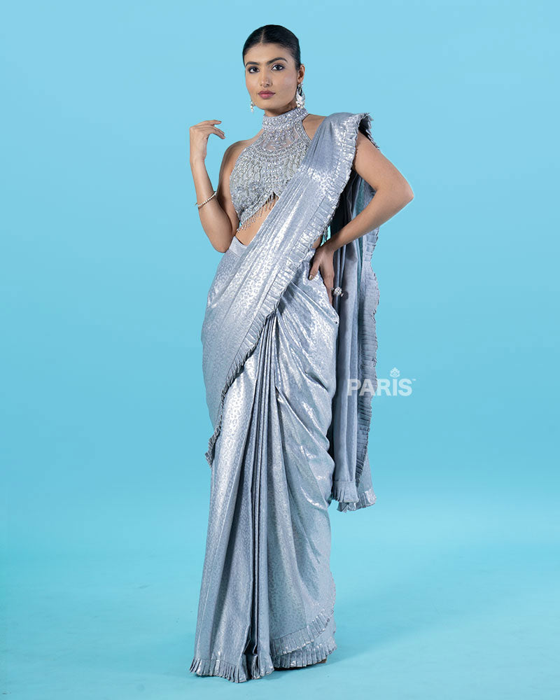 Sparkly Silver Pre-Draped Saree with Metal Mesh Halter Blouse
