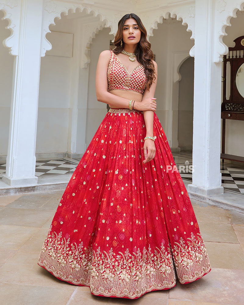 Red Embellished Lehenga Choli with Vibrant Multi color Dupatta