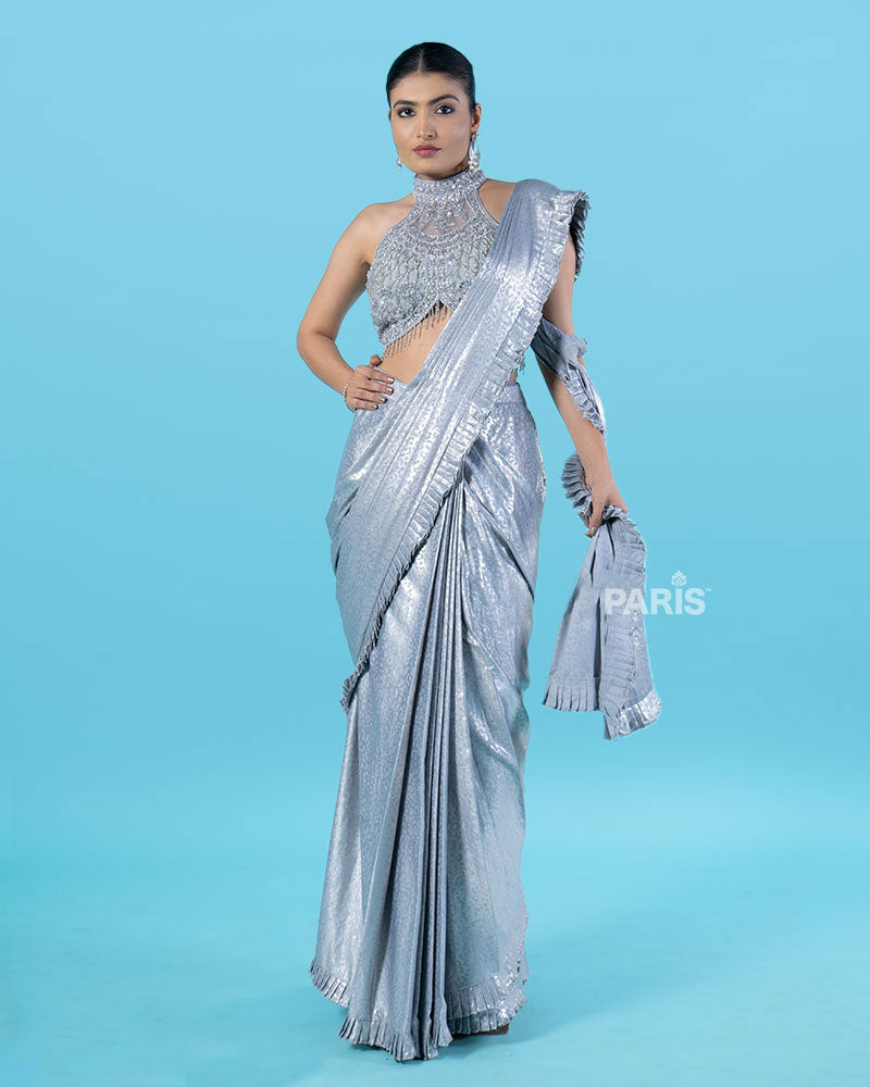 Sparkly Silver Pre-Draped Saree with Metal Mesh Halter Blouse