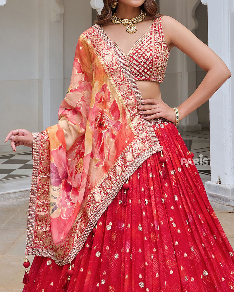 Red Embellished Lehenga Choli with Vibrant Multi color Dupatta