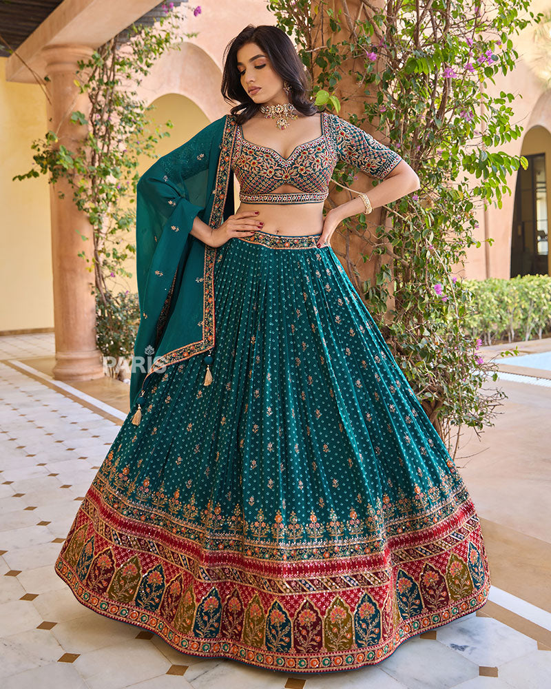 Teal Sequins Embroidered Lehenga Choli with Matching Dupatta