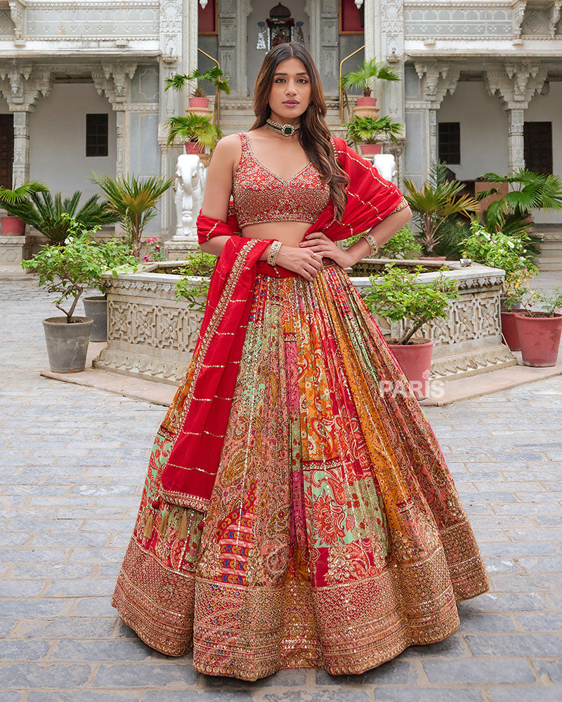 Multi Color Sequin Striped Lehenga Choli with Red Dupatta